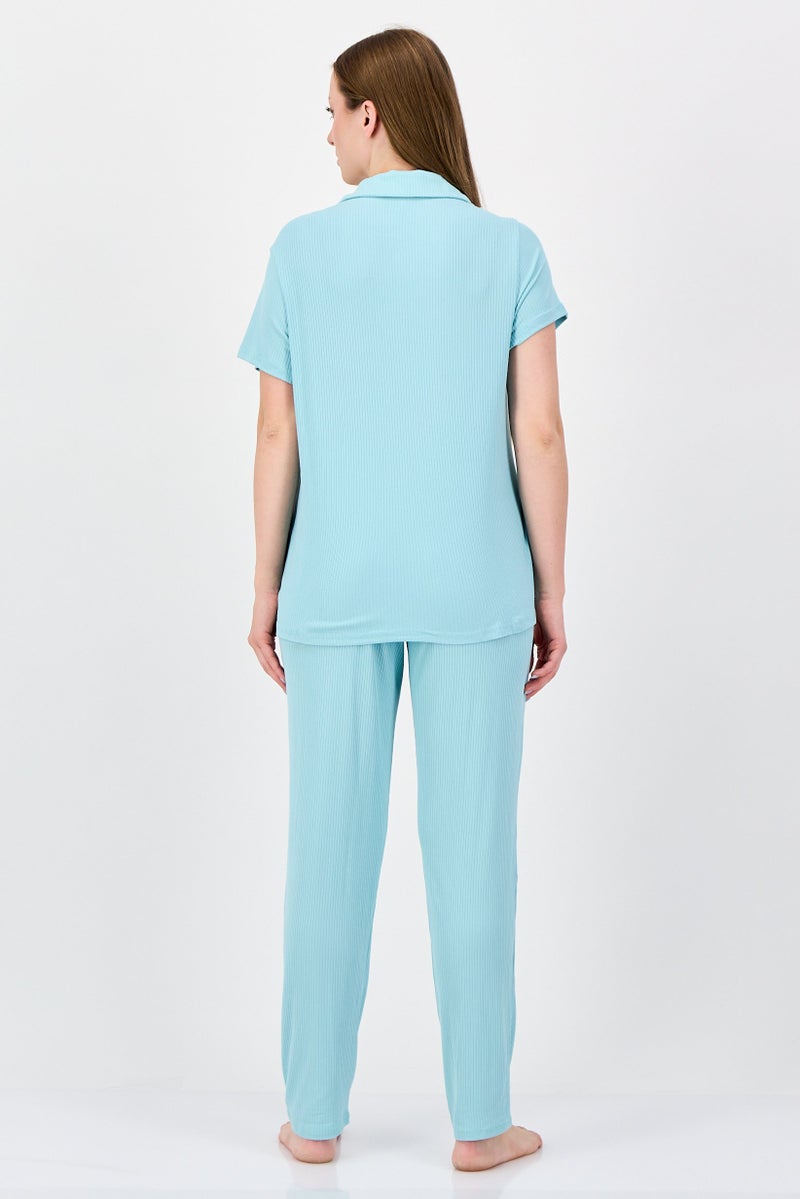 NINE WEST Women 2 Pieces Ribbed Top And Bottoms Set, Turquoise - Image 4